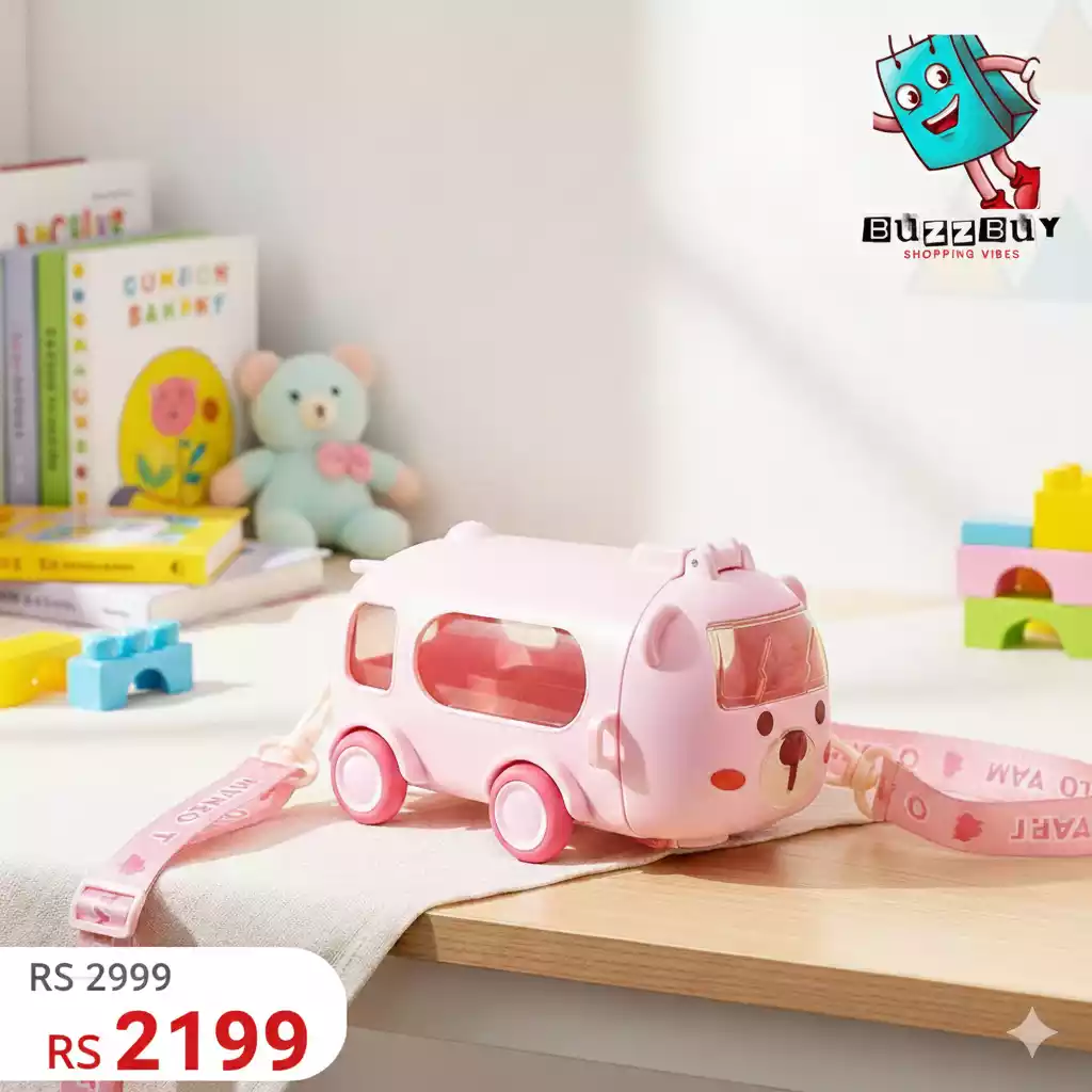 Kids Bus Water Bottle 600ml – Cute Bus Shape with Straw & Strap